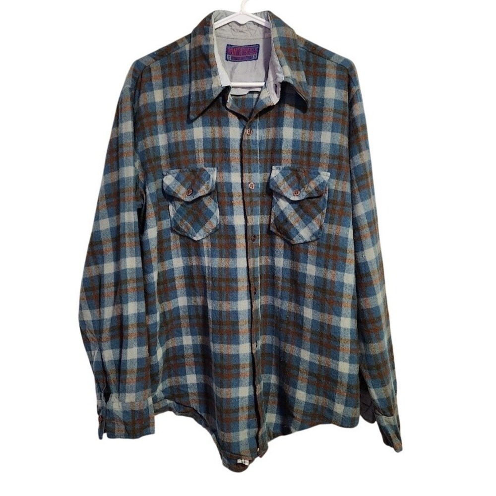 PONDEROSA Vintage 70's Wool Blend Plaid Flannel Shirt Jacket‎ Blue Brown L